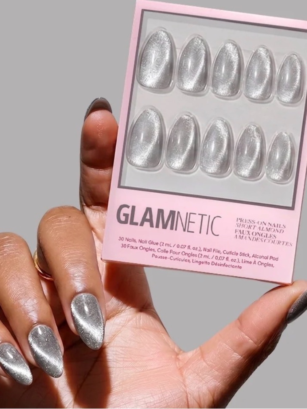 GLAMnetic Silver Metallic Press-On Nails — Short Almond (30 Pack)